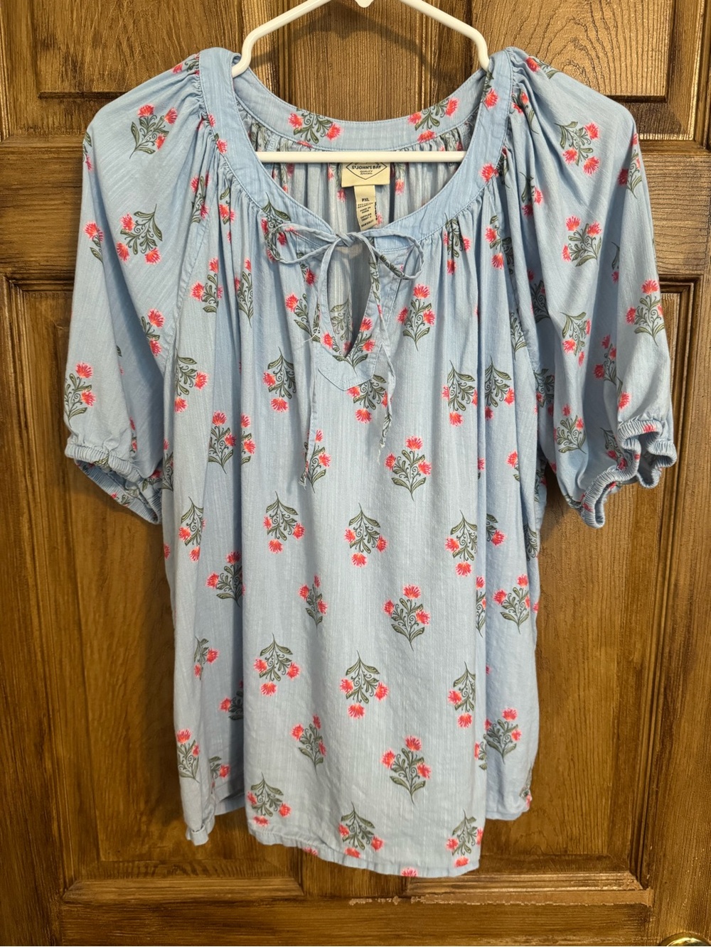 St. John's Bay Light Blue Floral Tie-Neck Blouse